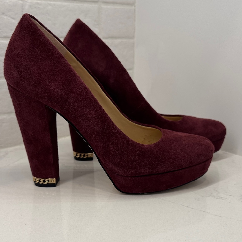 Michael Kors Women’s 7.5 Sabrina Suede Platform High Heel Pumps Plum Burgundy